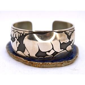 B. Berger Signed Sterling Silver Bear Scene Overlay Cuff Bracelet